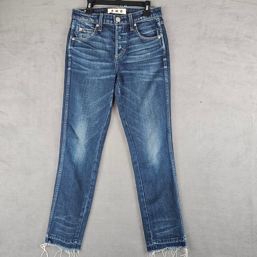 AMO Babe True Blue Frayed Hem Straight Jeans Size 26